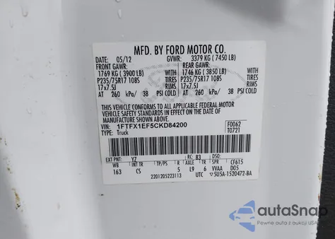 2012 Ford F-150 Xl z USA, uszkodzony, nr VIN 1FTFX1EF5CKD84200